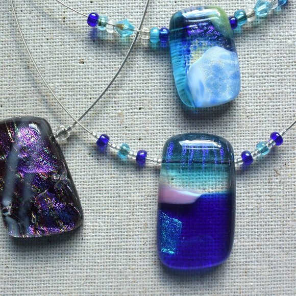 3 Dichroic Fused Glass Pendant Choker Necklaces Handcrafted - Picture 9 of 9